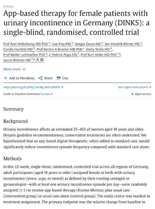 screenshot the lancet online article – App-based therapy for female patients with urinary incontinence in Germany (DINKS): a single-blind, randomised, controlled trial